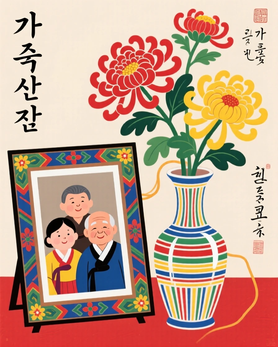 An old family photograph propped beside a vase of chrysanthemums.