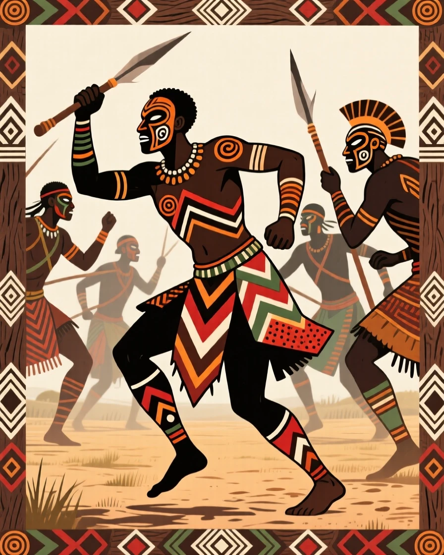 A group of warriors performing a ceremonial war dance.