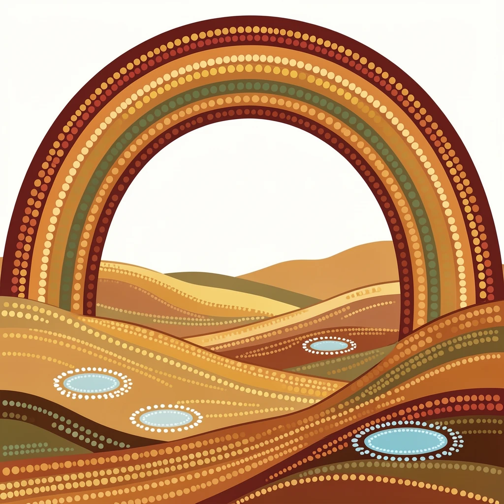 A rainbow-arched valley bathed in golden afternoon light