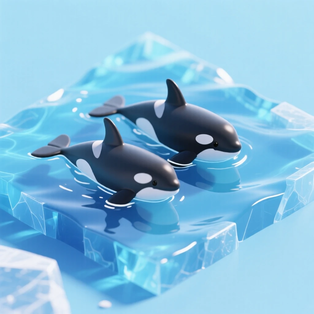 A pair of orcas swimming gracefully through icy blue waters, their black and white markings striking against the sea.