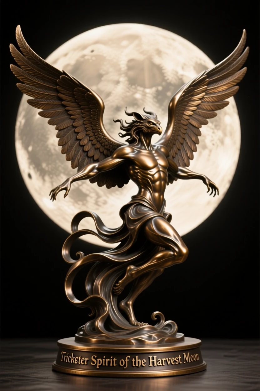 A trickster spirit shapeshifting beneath a harvest moon, with wings fully outstretched in majestic display, radiating awe and grandeur