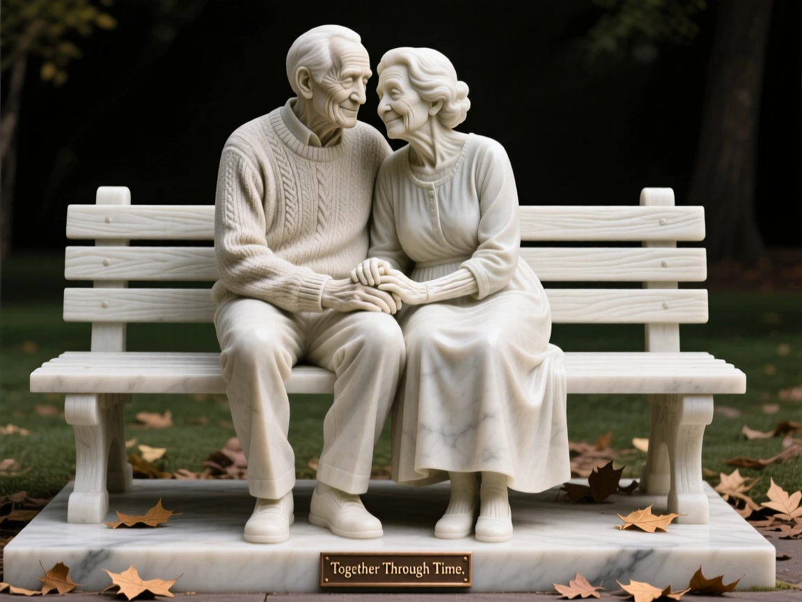 An emotionally powerful scene of an elderly couple holding hands on a park bench, filled with warmth, tenderness, and connection
