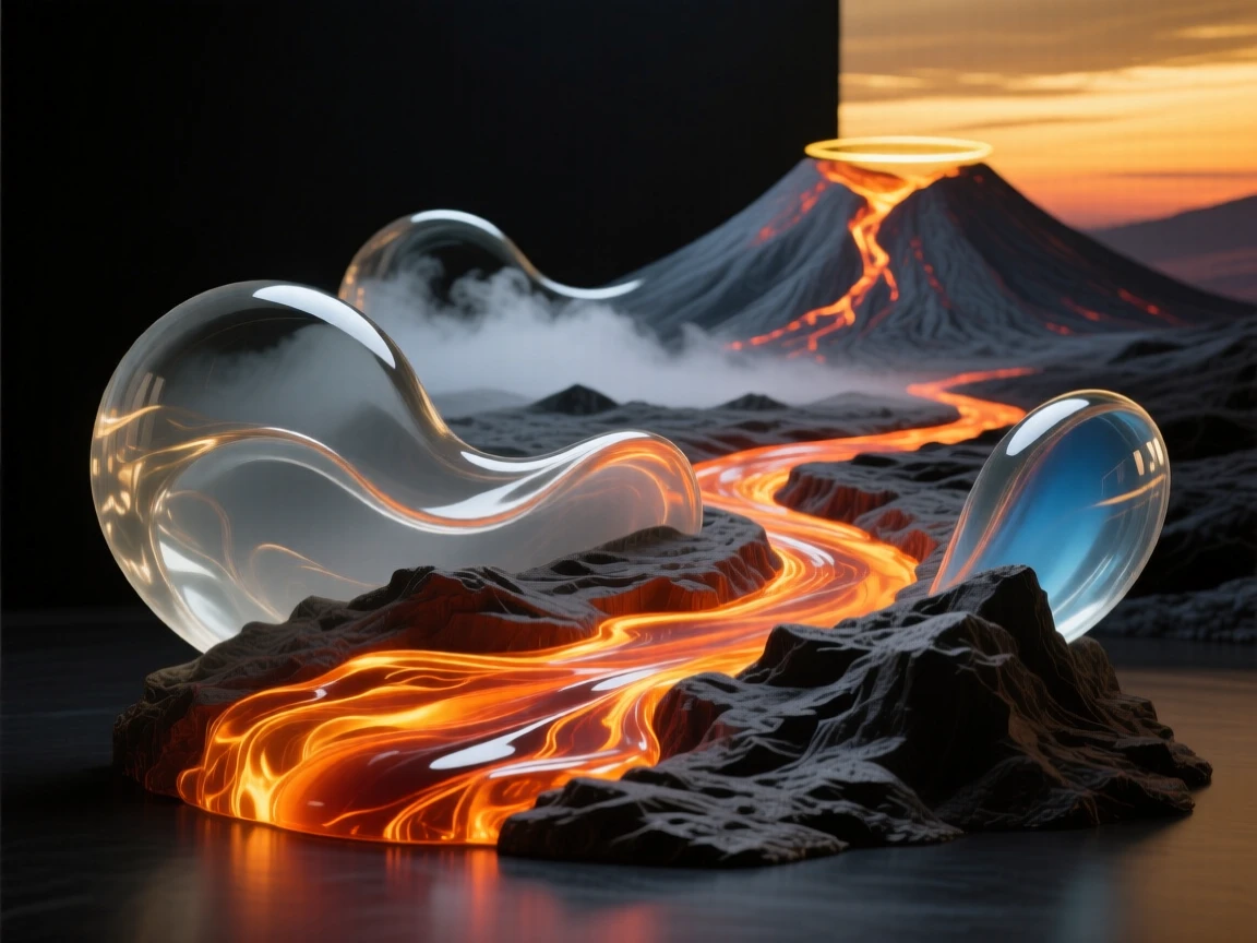 A volcanic landscape with glowing lava rivers at dusk, captured in soft golden light with layers of atmospheric depth, evoking peace and quiet grandeur.