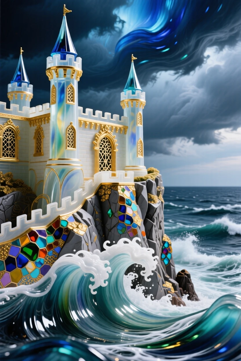 A dramatic clifftop fortress overlooking a stormy sea, powerful and imposing.