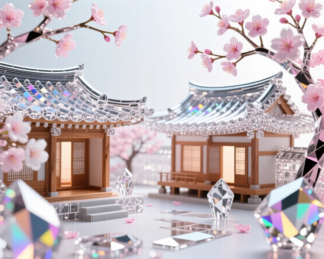 A traditional Korean hanok village with curved tiled roofs beneath cherry blossoms.