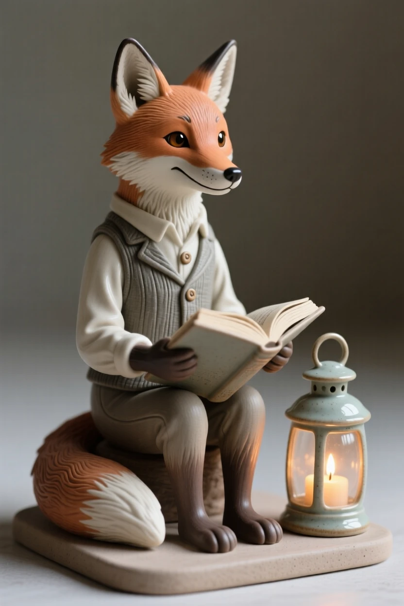 A fox in a waistcoat reading by candlelight frozen in a moment of quiet, gentle mischief, with warm lantern light glowing softly nearby, conveying pure, heartwarming whimsy.