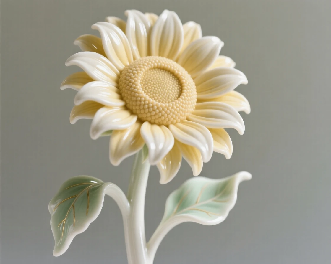 A single sunflower in full, perfect bloom, glowing softly in gentle morning light.