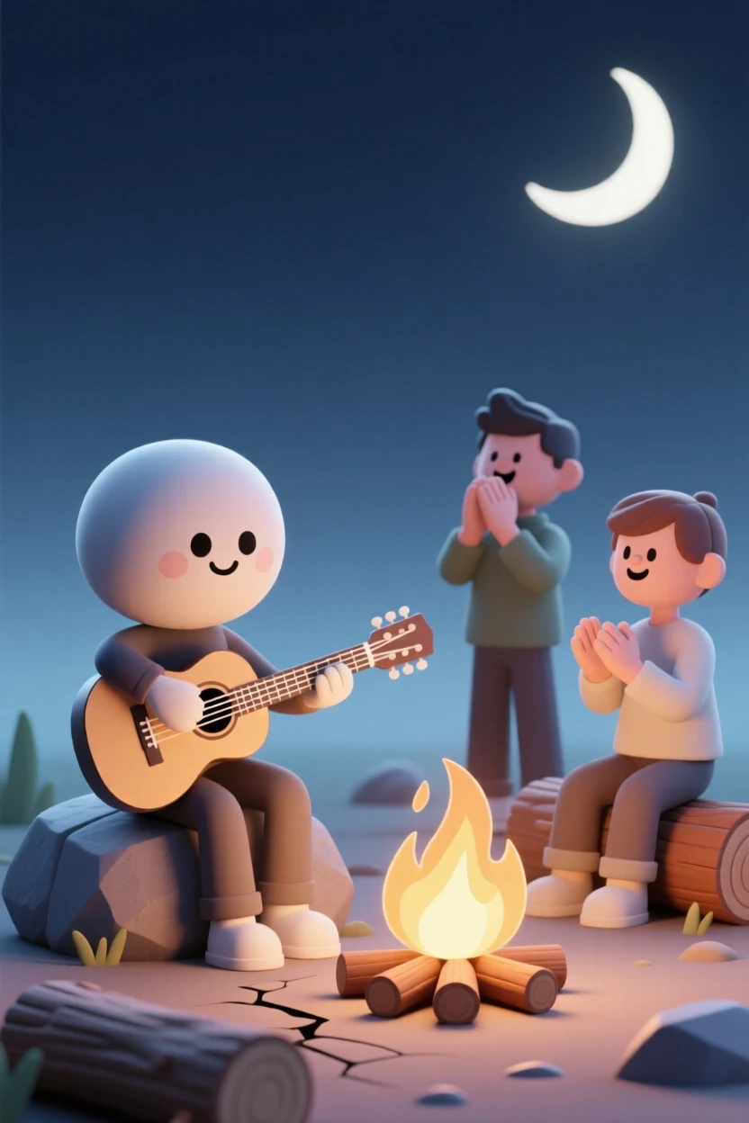 A soulful musician strums an acoustic guitar around a crackling campfire as friends sing along.
