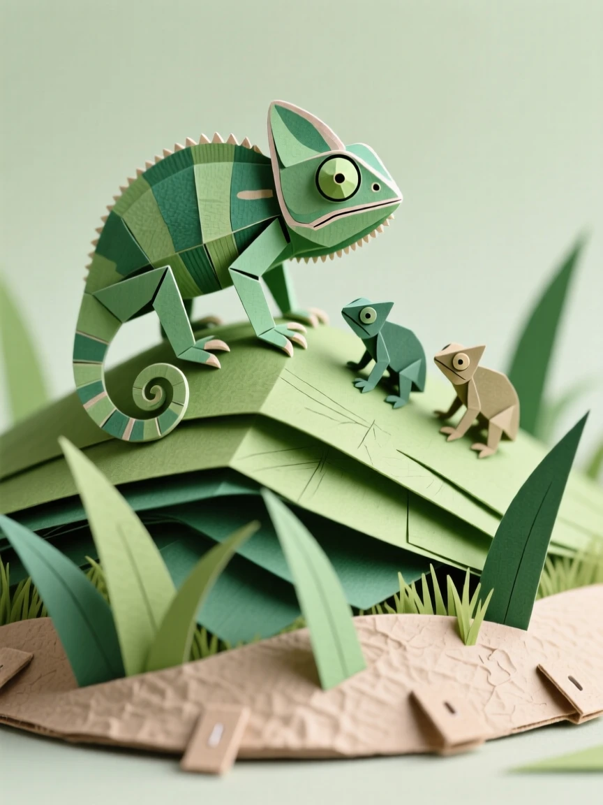 A tiny chameleon standing atop a grassy dune, with its family close by watching, evoking cozy, heartwarming charm.