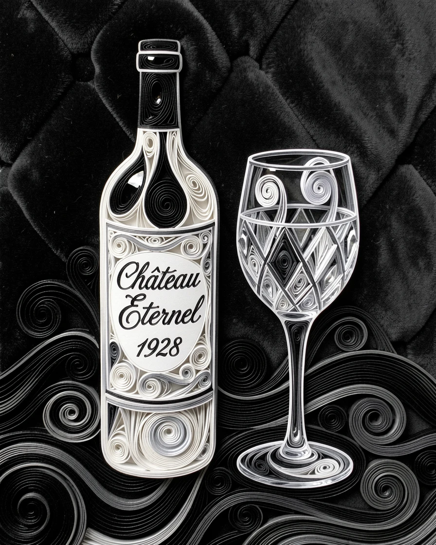A sophisticated luxury scene of a bottle of vintage wine beside a crystal glass in a plush velvet-lined boutique, in classic monochrome black and white, composed with glossy reflective surfaces throughout.