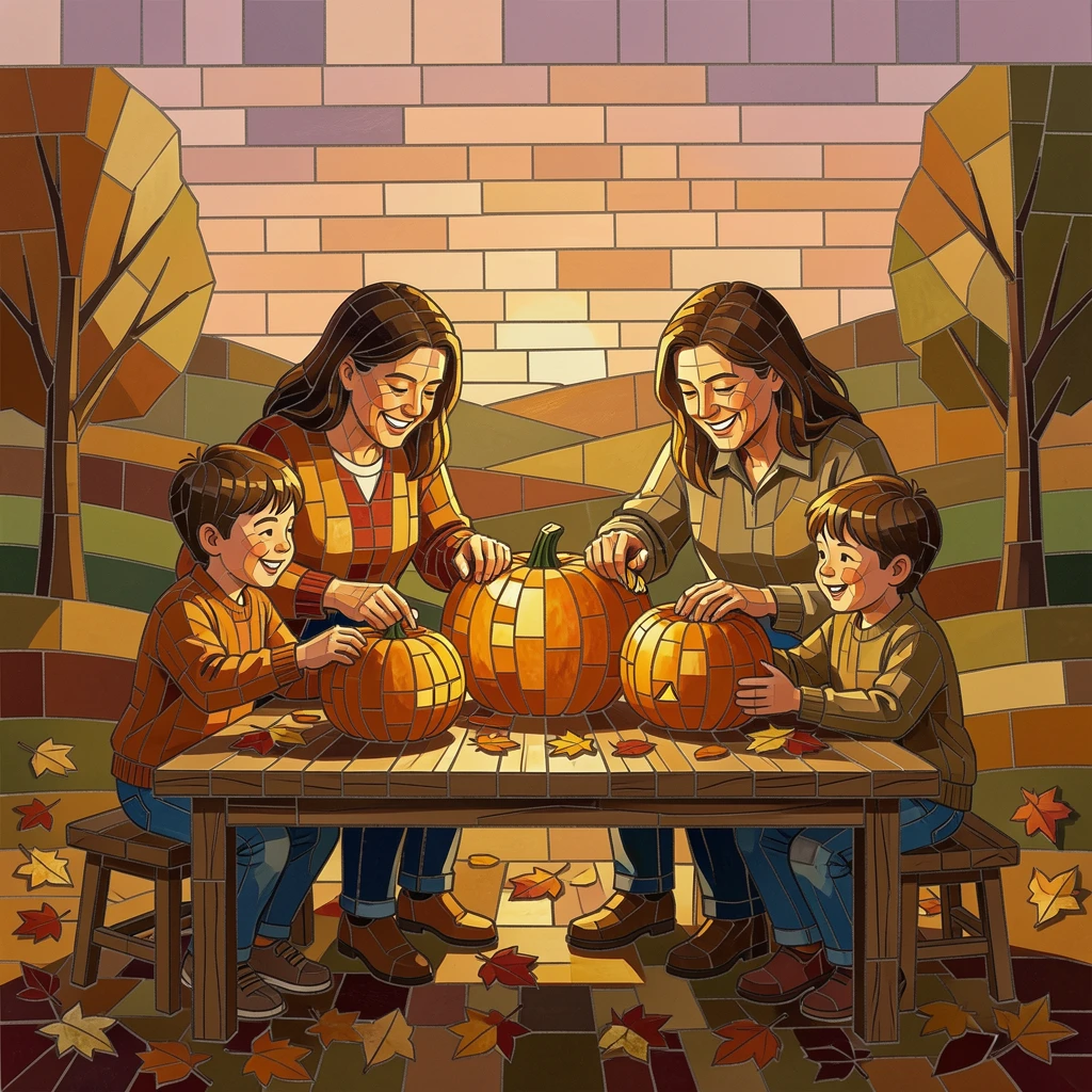 A warm autumn scene of a family carving pumpkins together, with soft warm lighting and an inviting, peaceful atmosphere.