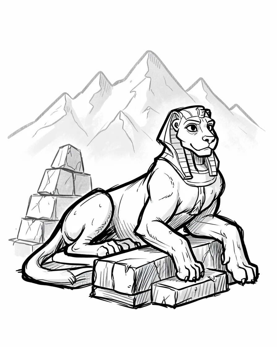 A sphinx resting beside ancient pyramid stones above a misty mountain range.