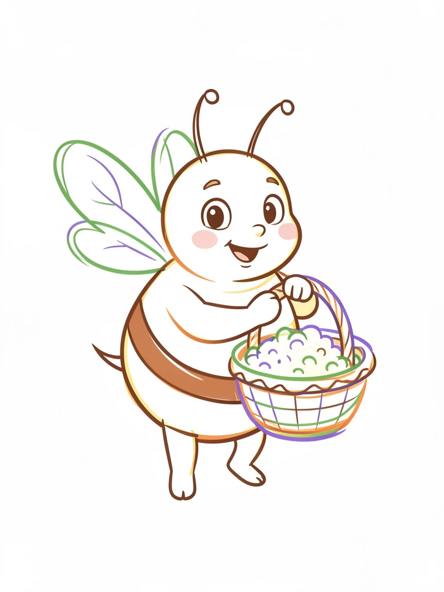 A plump little bee character carrying a basket of pollen home.