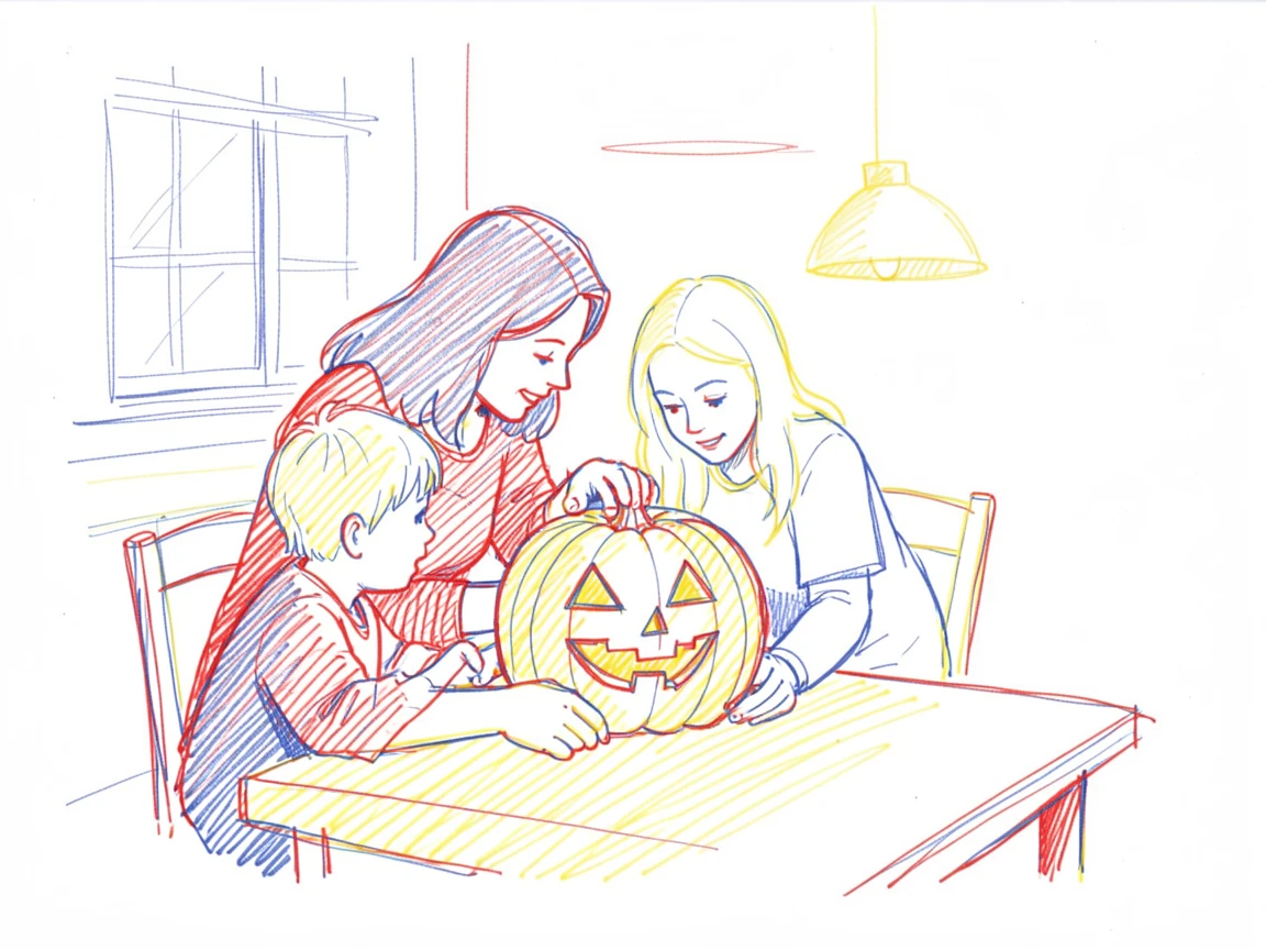 A family carving a jack-o'-lantern together at the kitchen table