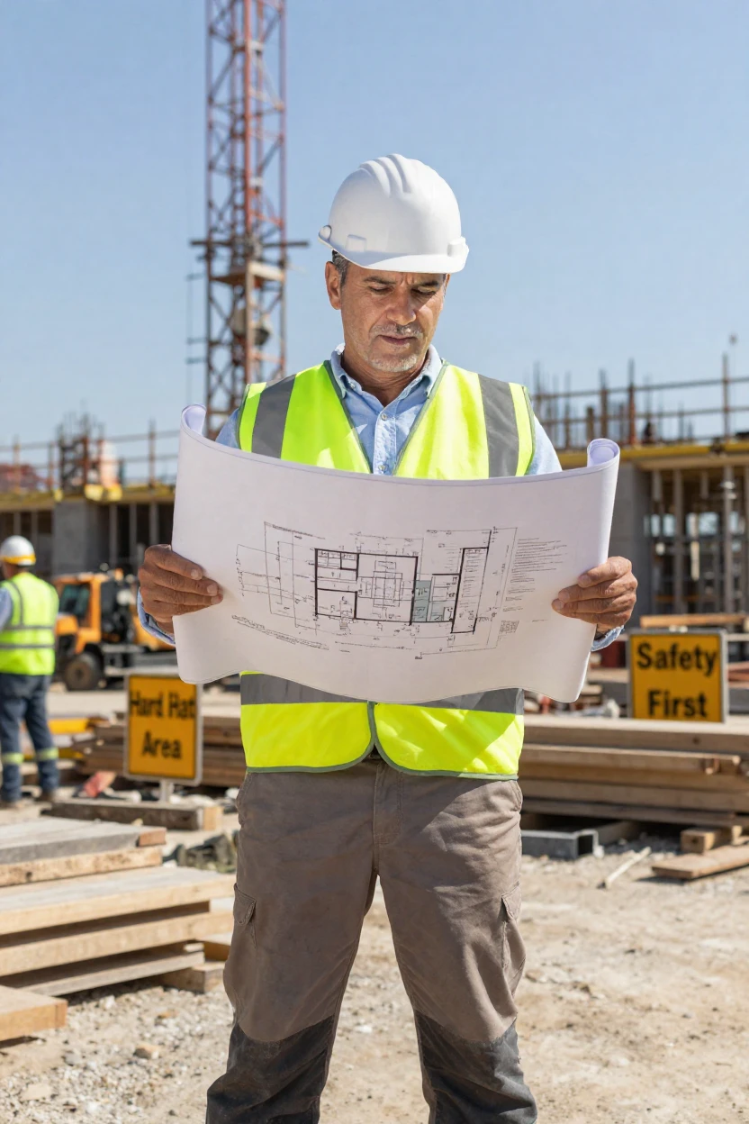 An engineer inspecting blueprints on a construction site