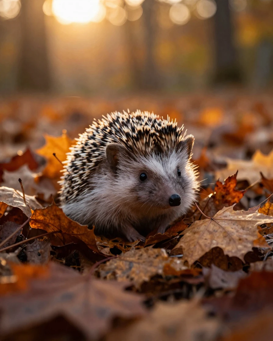 A tiny hedgehog curled into a ball among fallen autumn leaves
