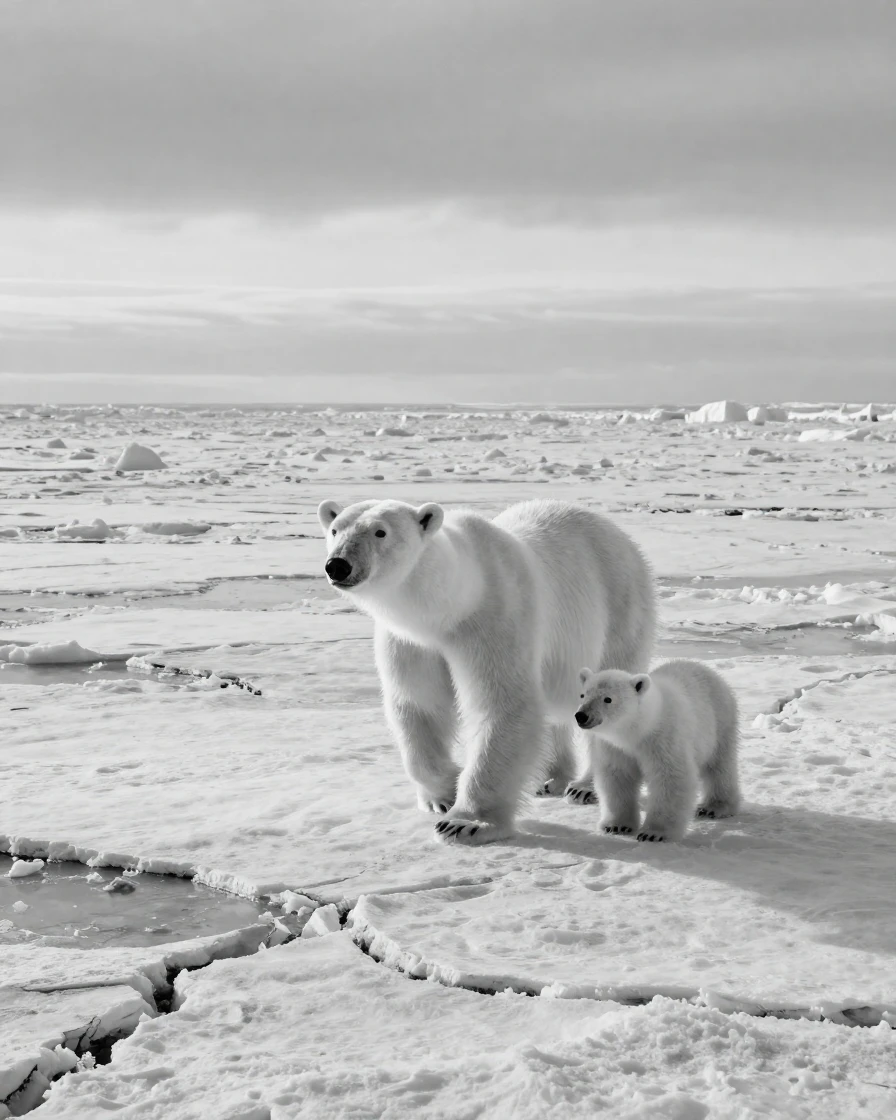 A polar bear and her cub walk across a vast expanse of sea ice in the frozen Arctic tundra.