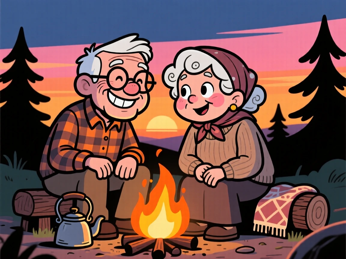 A heartwarming scene of an elderly couple gathered around a campfire telling stories, as the sun sets in warm orange hues behind them.