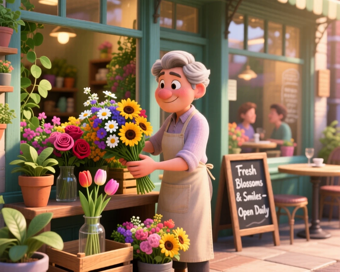 A shopkeeper arranging fresh flowers in a window display is captured inside a small flower shop filled with color, with soft chatter drifting from nearby tables. The mood is calm, familiar, and quietly delightful.