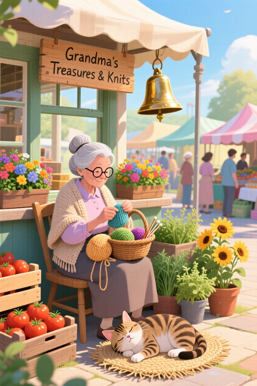 In a sunny farmers market, a grandmother knitting by the window is busy polishing an old brass bell, while a cat naps in a sunny doorway.