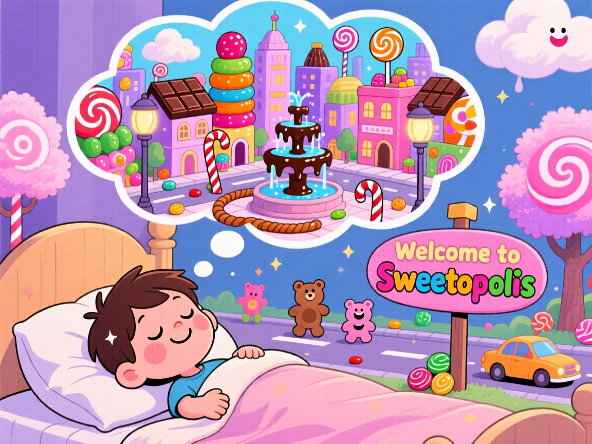 A child dreaming of a city built entirely from candy and sweets.