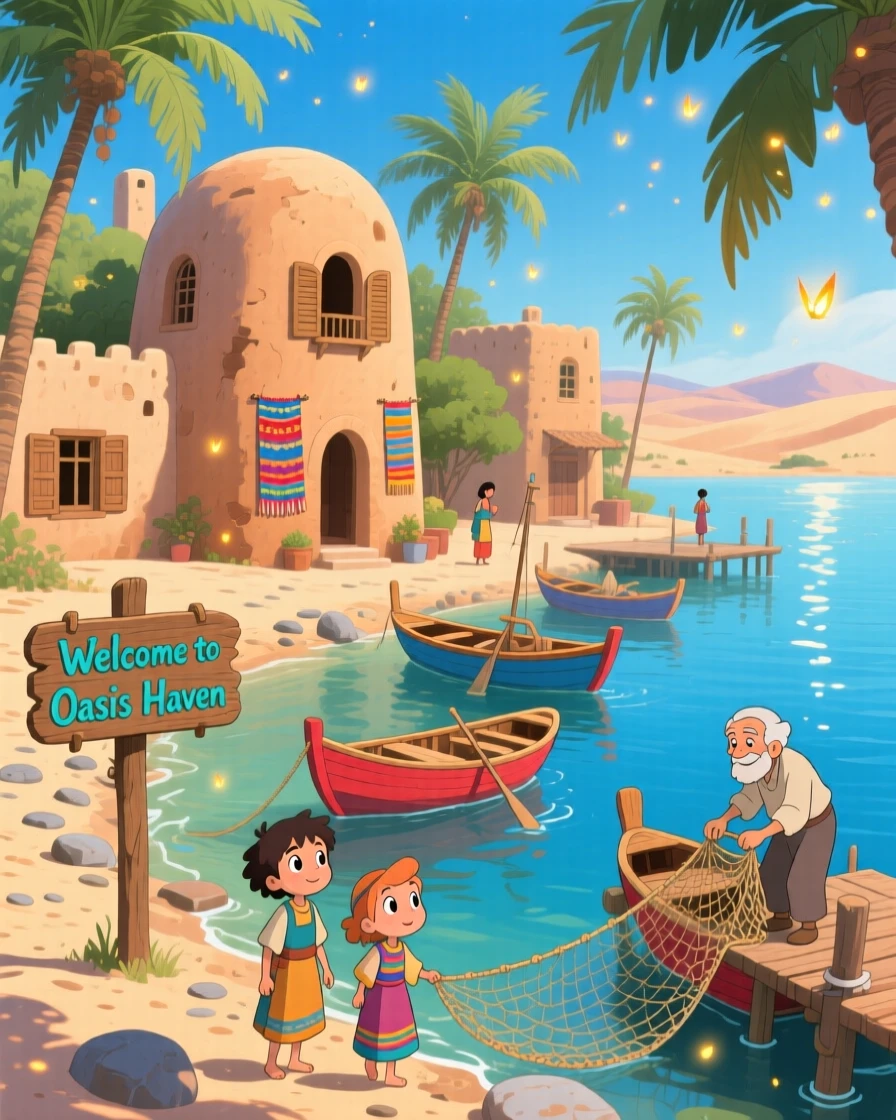 A scenic view of a desert oasis town with palm trees and clay buildings, as fishing boats bob gently in the harbor.