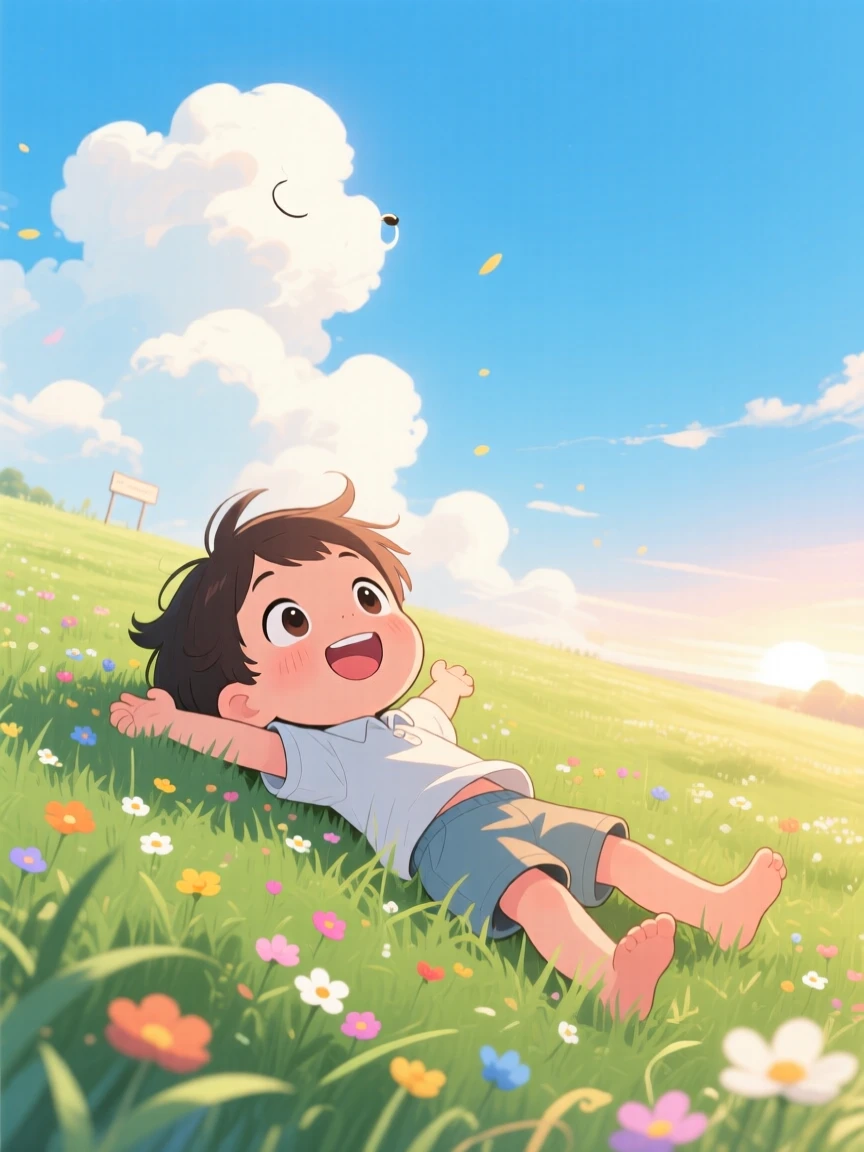 A child lying in a field watching clouds drift by, framed as a low-angle shot looking up within an open blue-sky meadow, during a light summer breeze, glowing under soft pastel light of dawn, evoking delighted joy.