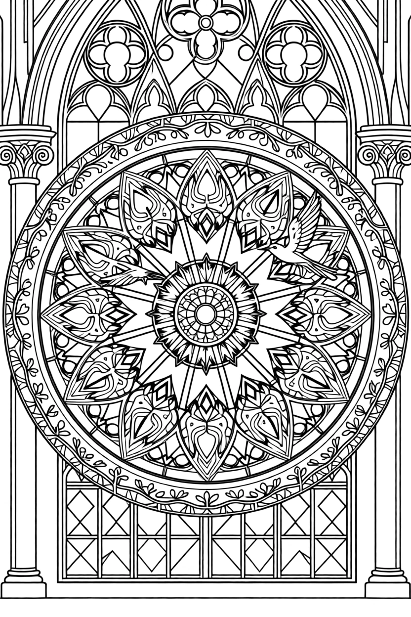 A mandala shaped like a stained glass window with birds in flight.