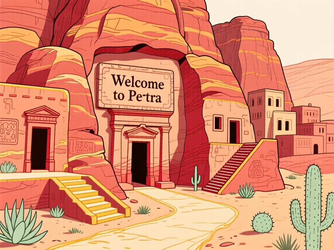 A desert city carved into red sandstone cliffs.