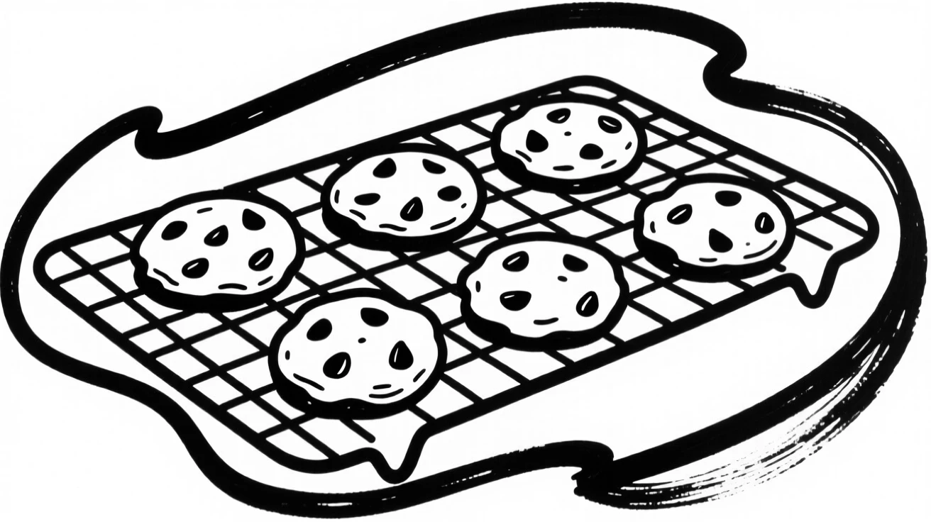 A tray of freshly baked chocolate chip cookies cooling on a wire rack.