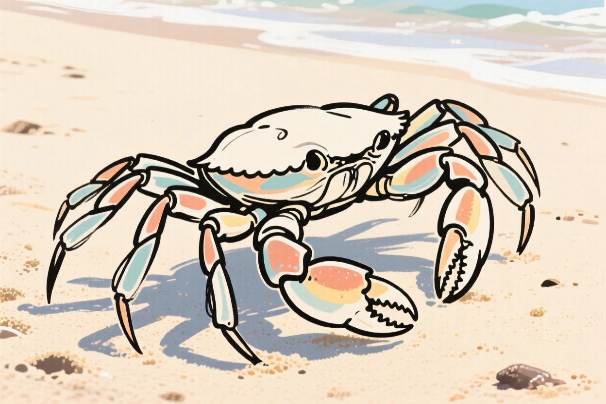A crab scuttling sideways across a sunlit sandy beach.