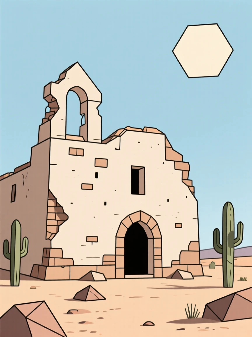 A ruined Spanish mission beneath a desert sky