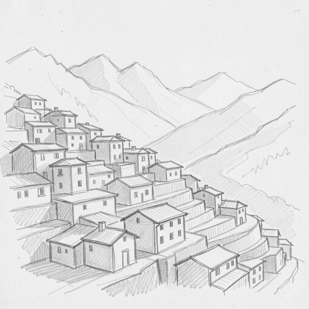 A terraced hillside town in the soft light of early morning, with distant mountains framing the skyline.