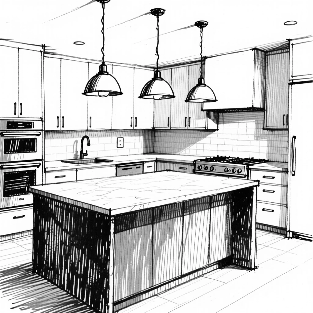 A modern kitchen with an island counter and pendant lighting overhead.