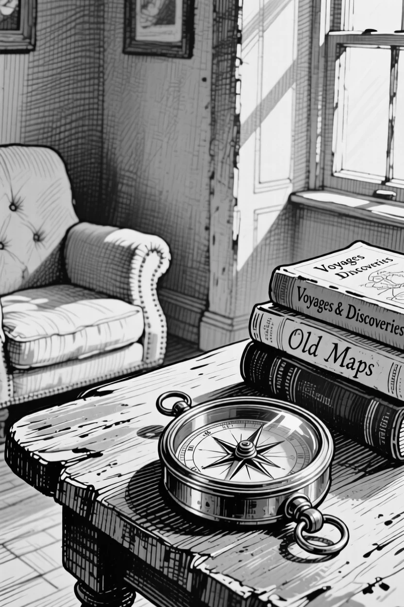 An old brass compass tucked into the corner of a cozy room, with warm afternoon light casting long shadows, forming a gently sentimental still-life study.