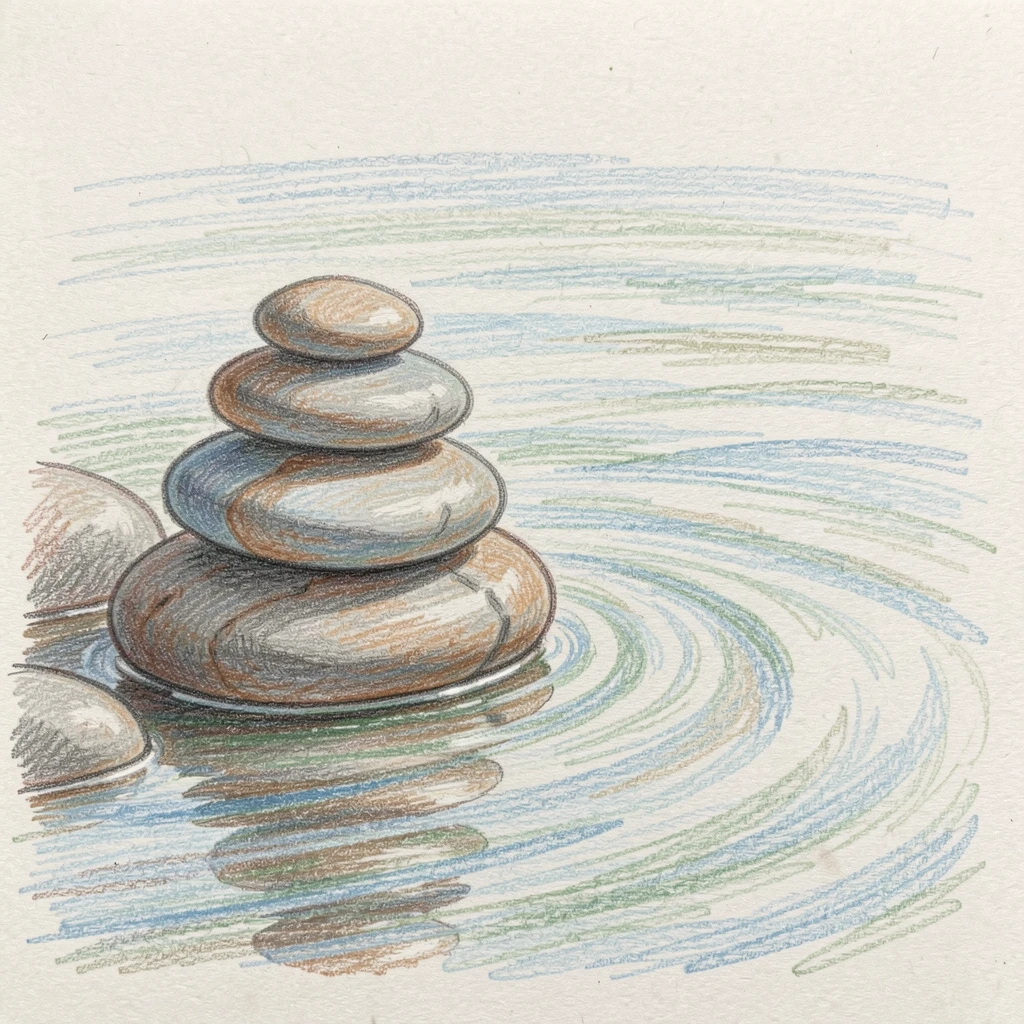 A stack of smooth stones balanced beside a calm stream, arranged with simple, uncluttered composition, celebrating stillness, simplicity, and inner peace.