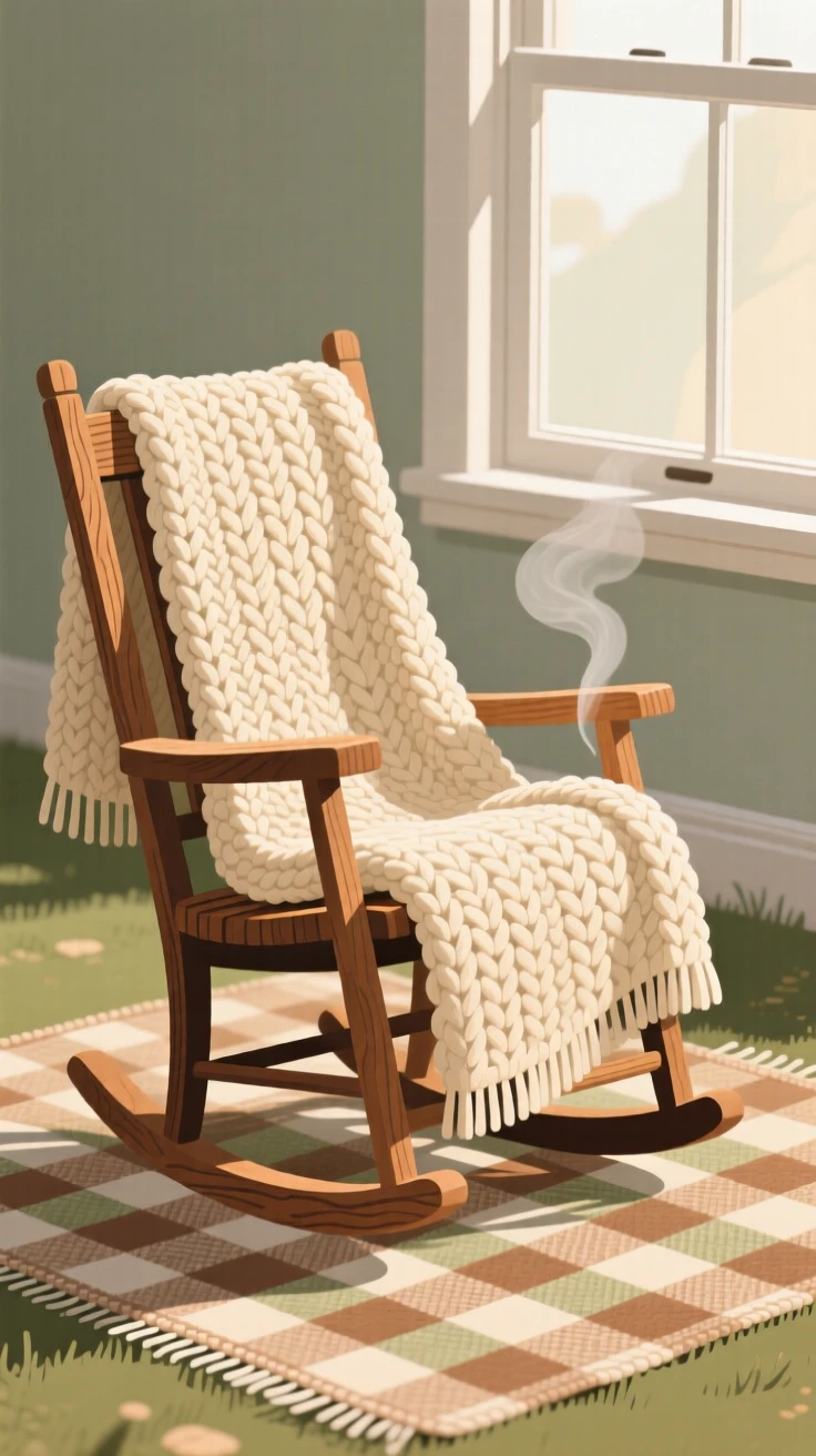 A cozy knit blanket draped over a rocking chair by the window, placed on a woven picnic blanket outdoors, framed closely to highlight comforting small details, with subtle steam rising to add a warm, lived-in feel.