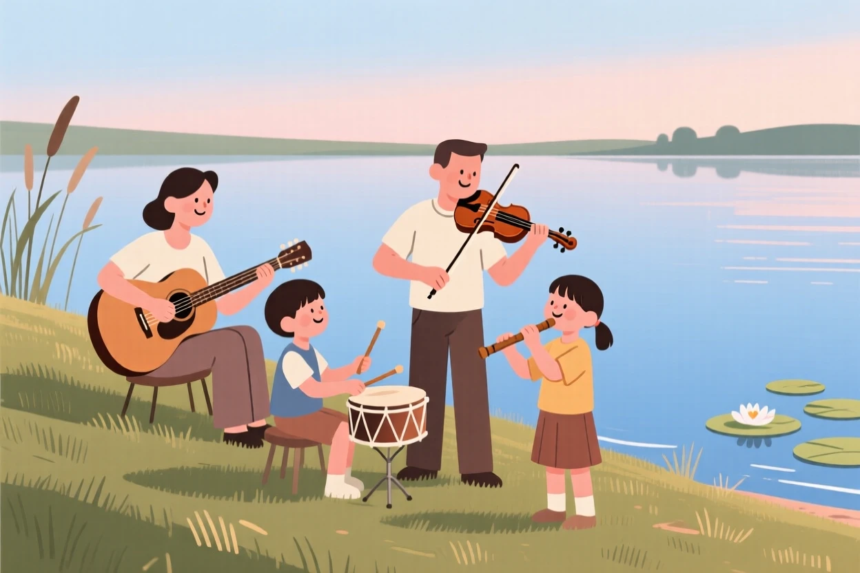 A family playing music together by the lake.