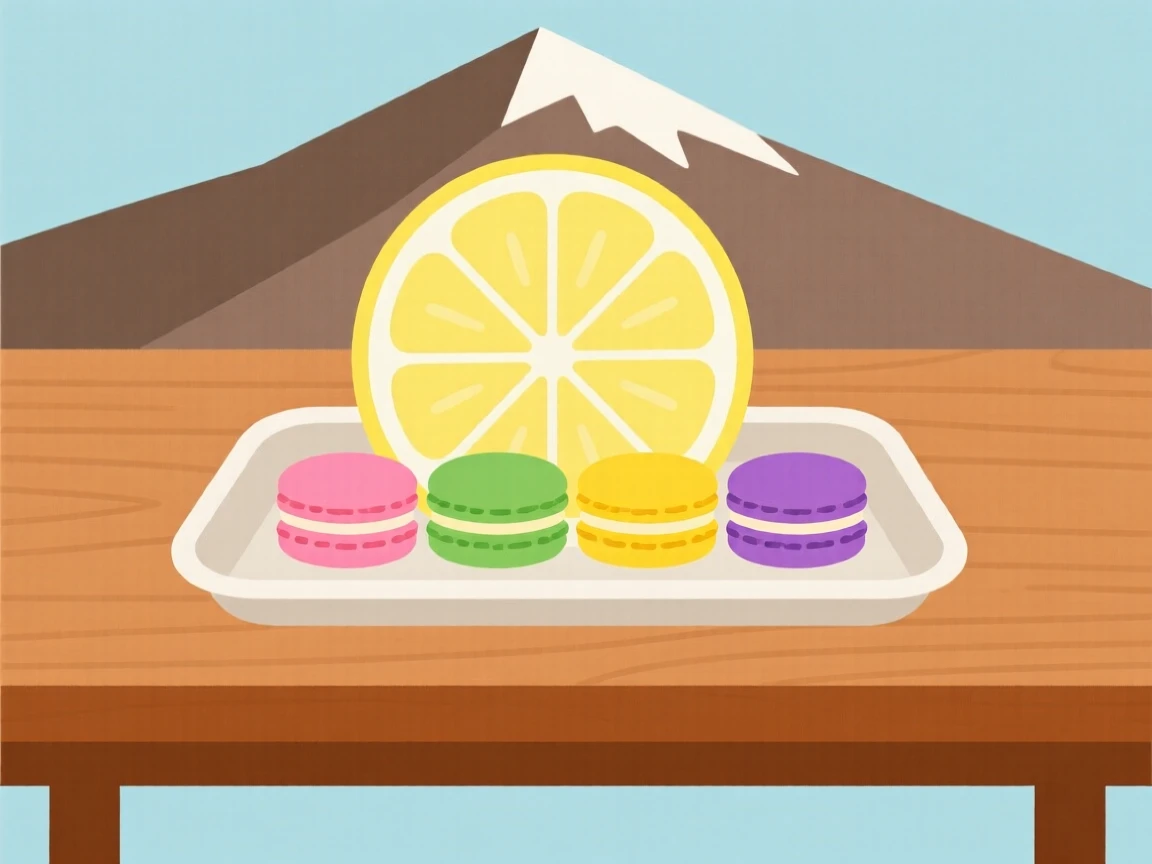A freshly prepared tray of colorful macarons served on a slice of lemon, set in a mountain cabin table, inviting simple satisfaction.