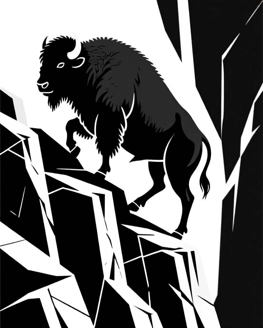 A bison climbing a rugged cliff face.
