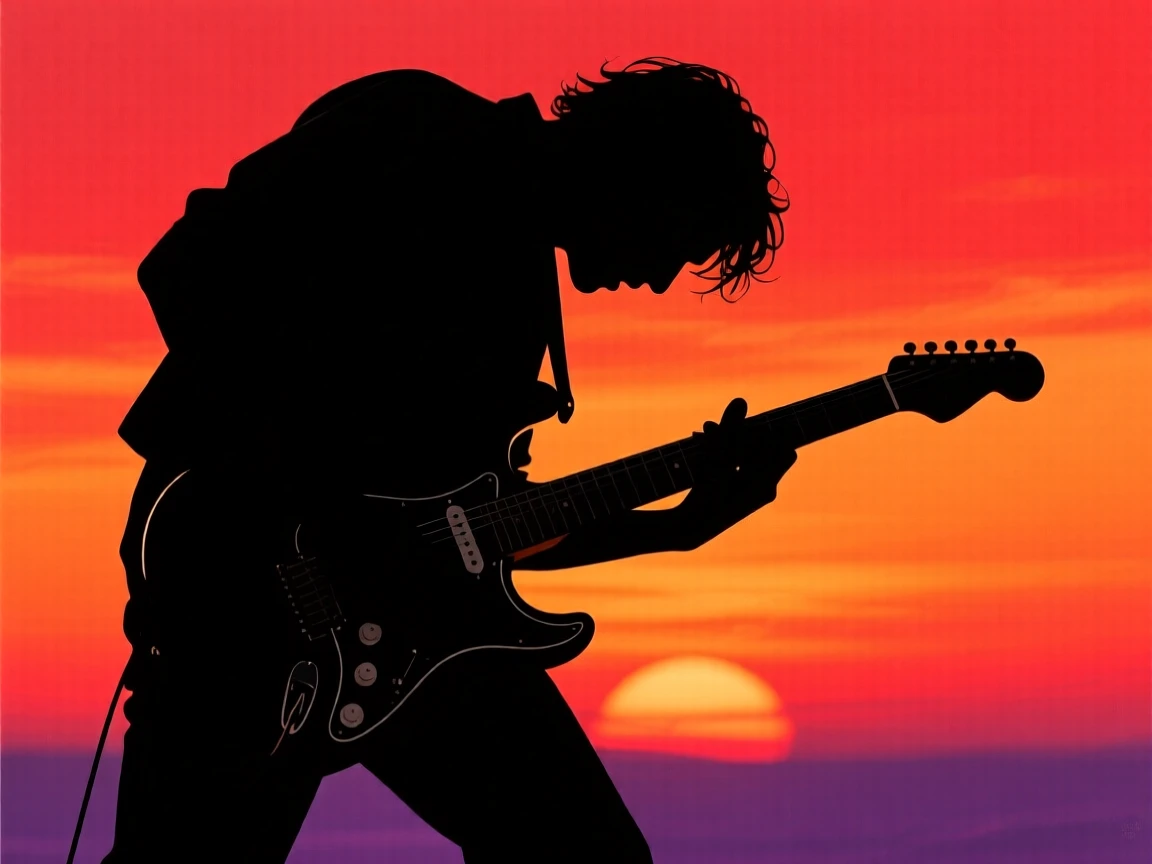 A musician bent over a guitar, fingers caught mid-strum.