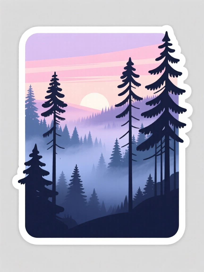 A breathtaking misty pine forest at dawn, under a sky painted in pastel colors, untouched and wonderfully quiet.