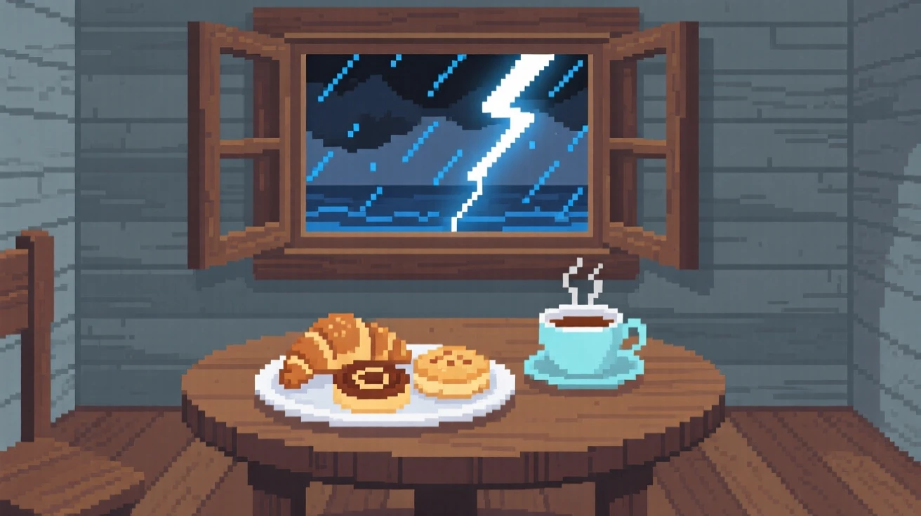 A tea room table set with a plate of fresh pastries, inside a seaside cottage during a storm.