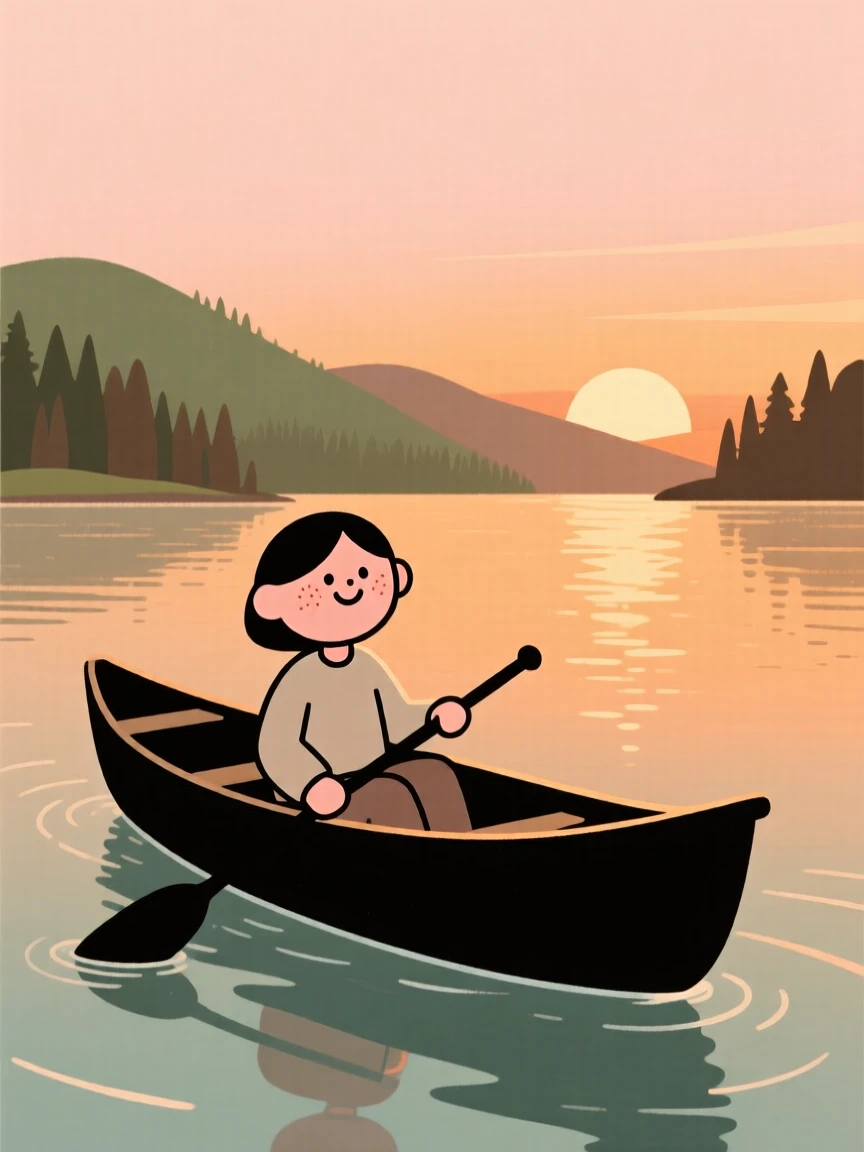 A lone canoe drifts across a calm bay as the golden glow of sunset stretches across the surface and forested hills rise in the distance.