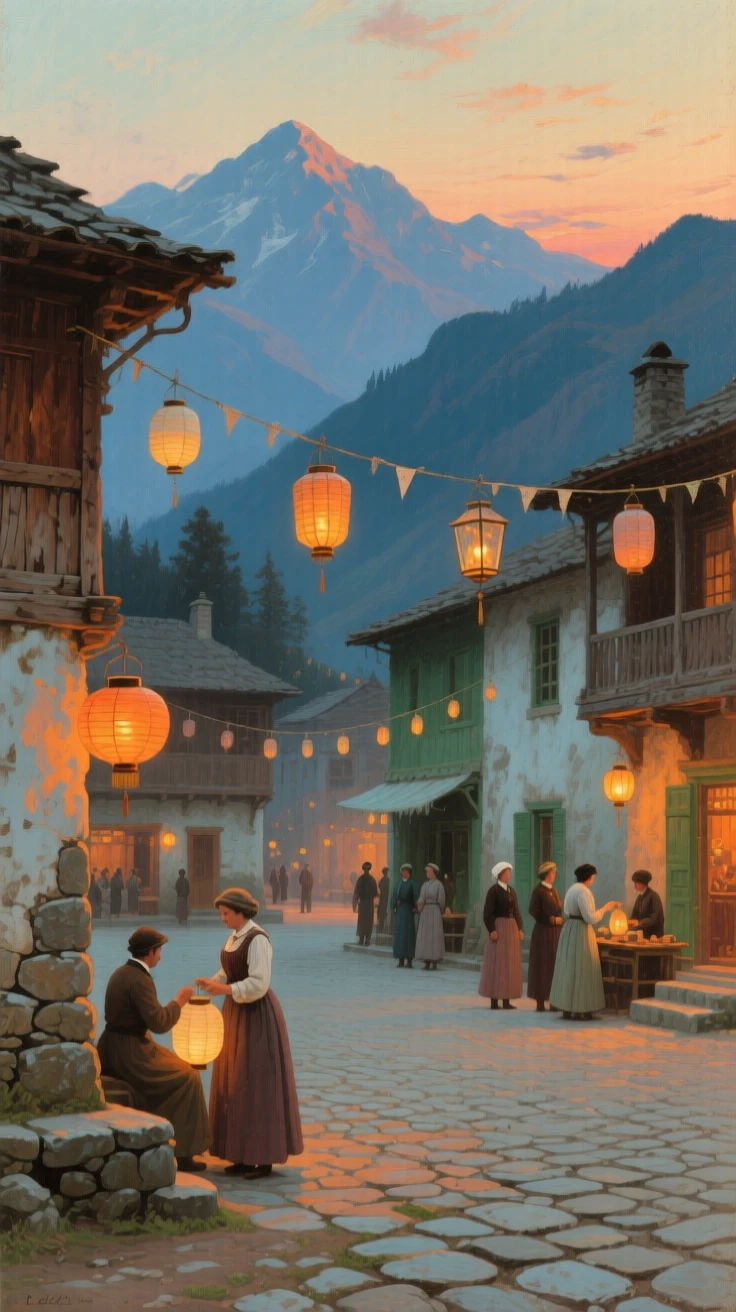A well-framed scene of a village square decorated with lanterns for an evening festival, in the Himalayas, in the Edwardian era, in the last light of sunset.
