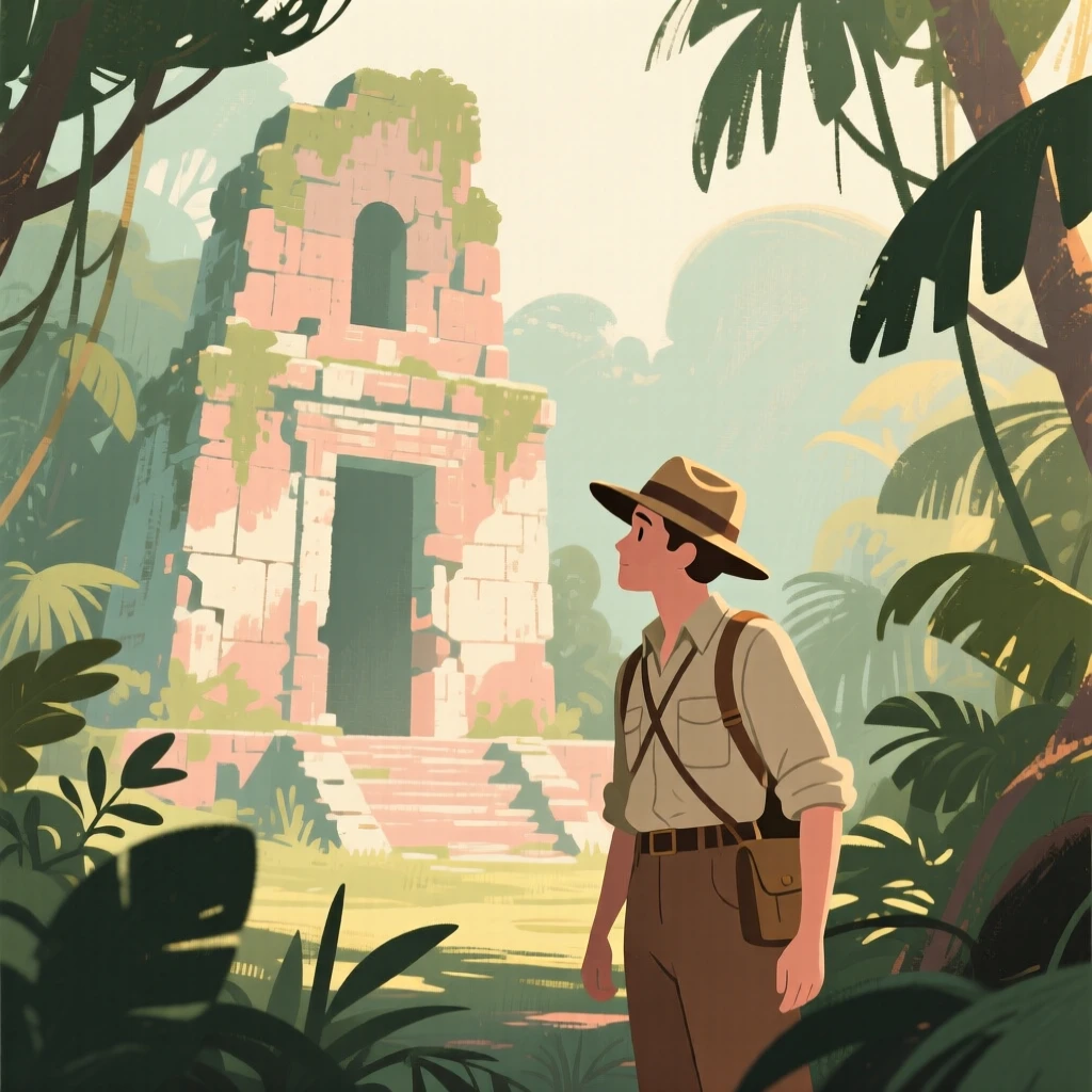 An explorer discovering ancient ruins hidden deep in the jungle