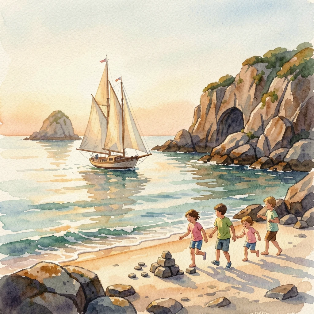 A sailboat drifting past a rocky archipelago during golden hour with children playing nearby.