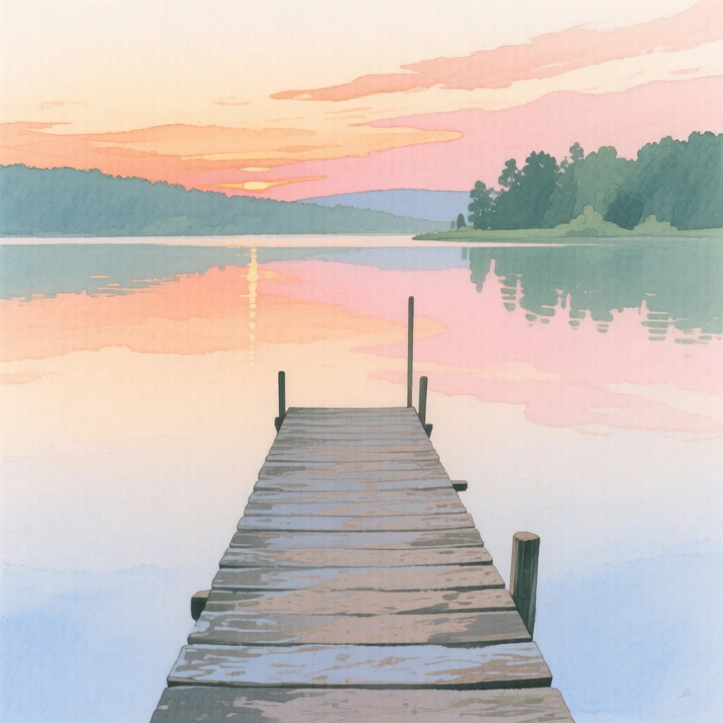 A wooden dock stretches into a glassy lake reflecting a sky painted in shades of orange and pink at dusk