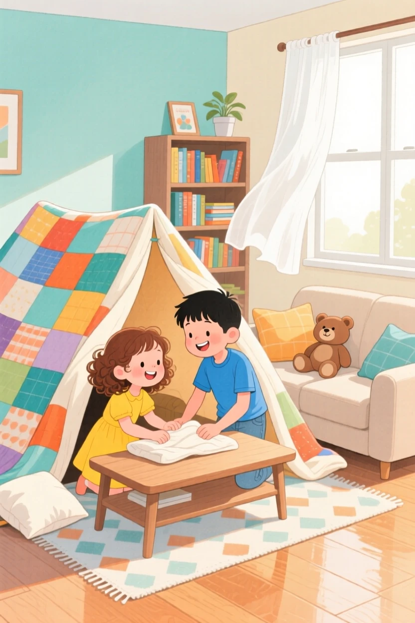A heartwarming moment showing siblings building a blanket fort in the living room.