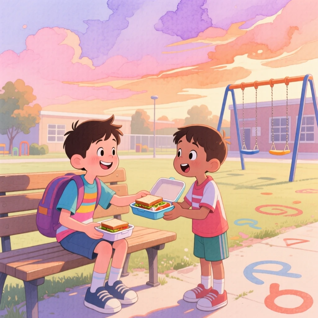 A little boy sharing his lunch with a new student sitting alone at recess, under a sky painted with the soft colors of sunset, radiating kindness, hope, and heartfelt emotion.